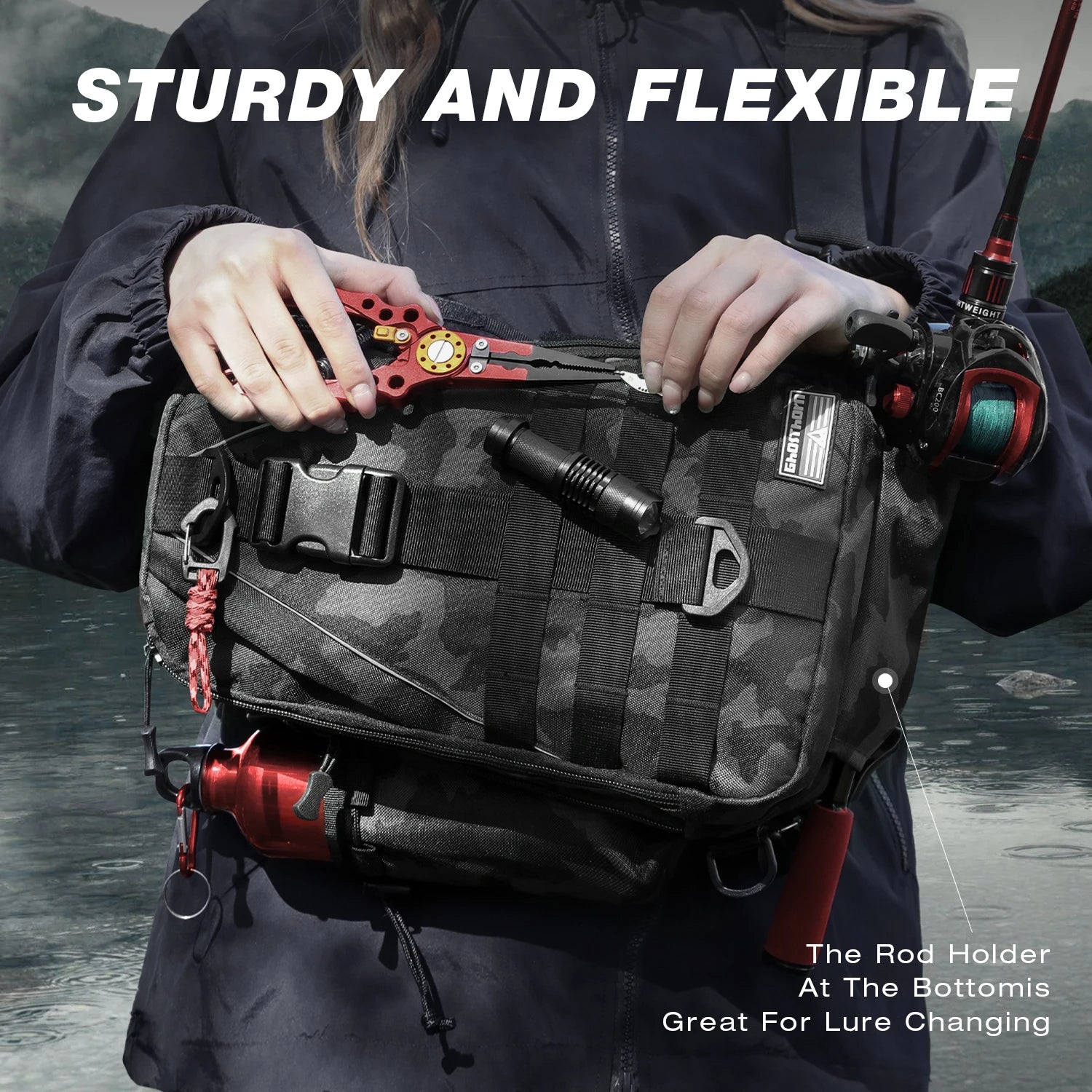 Heavy Duty Fishing Backpack Sling Bag – Multi-Compartment Tackle Storage Bag with Rod Holder