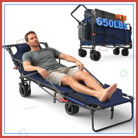Heavy Duty Folding Wagon Cart - 2-in-1 Collapsible Utility Cart with 650lb Capacity, All-Terrain Wheels & Brakes, Blue