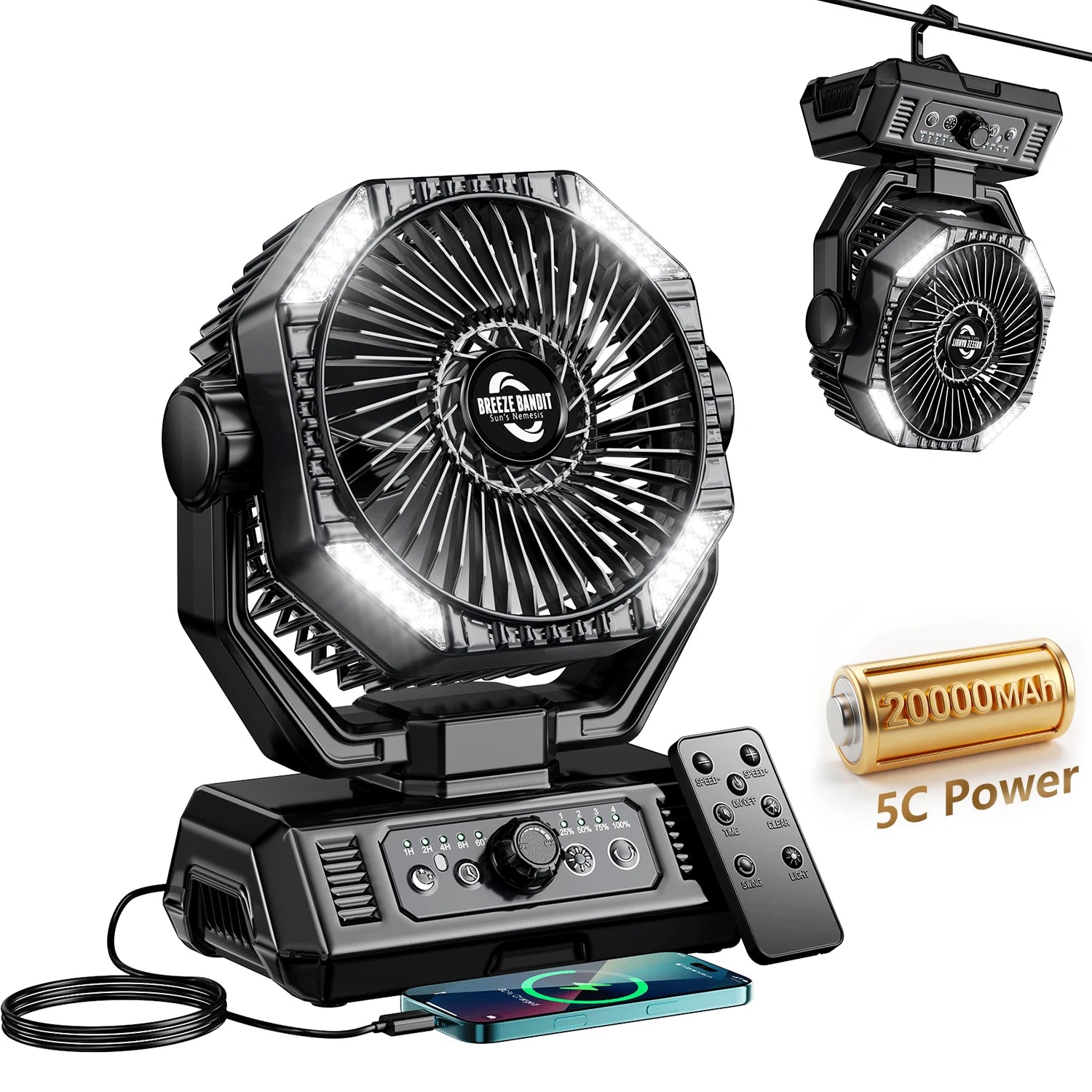 20000mAh Rechargeable Camping Fan – 8-Speed Portable Tent Fan with LED Lantern, Remote & Hook