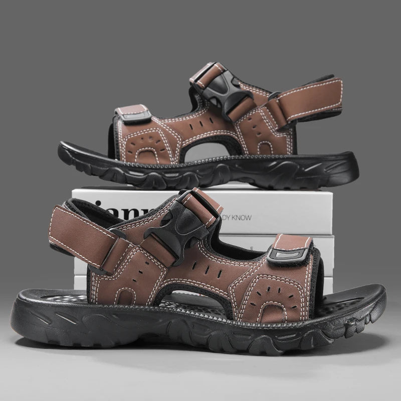 Men's Leather Hiking Sandals Lightweight Beach Walking Shoes