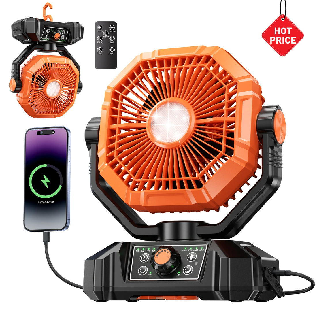 20000mAh Rechargeable Camping Fan – 8-Speed Portable Tent Fan with LED Lantern, Remote & Hook