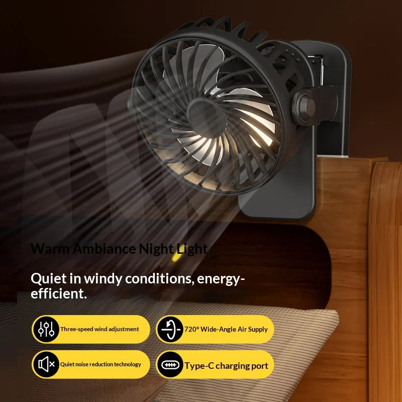 Portable Rechargeable Clip Fan – 720° Rotating Hanging Fan with Night Light for Camping & Outdoor Use