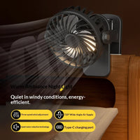 Portable Rechargeable Clip Fan – 720° Rotating Hanging Fan with Night Light for Camping & Outdoor Use