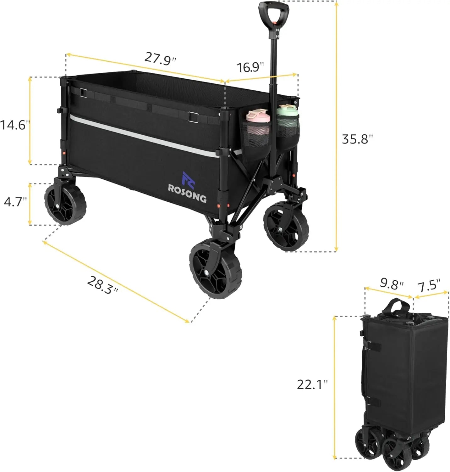 Foldable Wagon Cart with Wheels, Heavy Duty Utility for Grocery Shopping, Camping, Garden & Sports (Black, 120L)