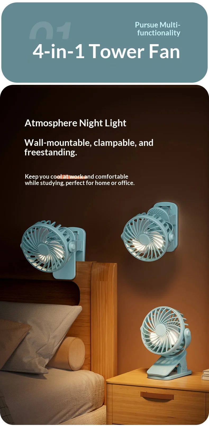 Portable Rechargeable Clip Fan – 720° Rotating Hanging Fan with Night Light for Camping & Outdoor Use