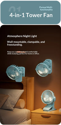 Portable Rechargeable Clip Fan – 720° Rotating Hanging Fan with Night Light for Camping & Outdoor Use