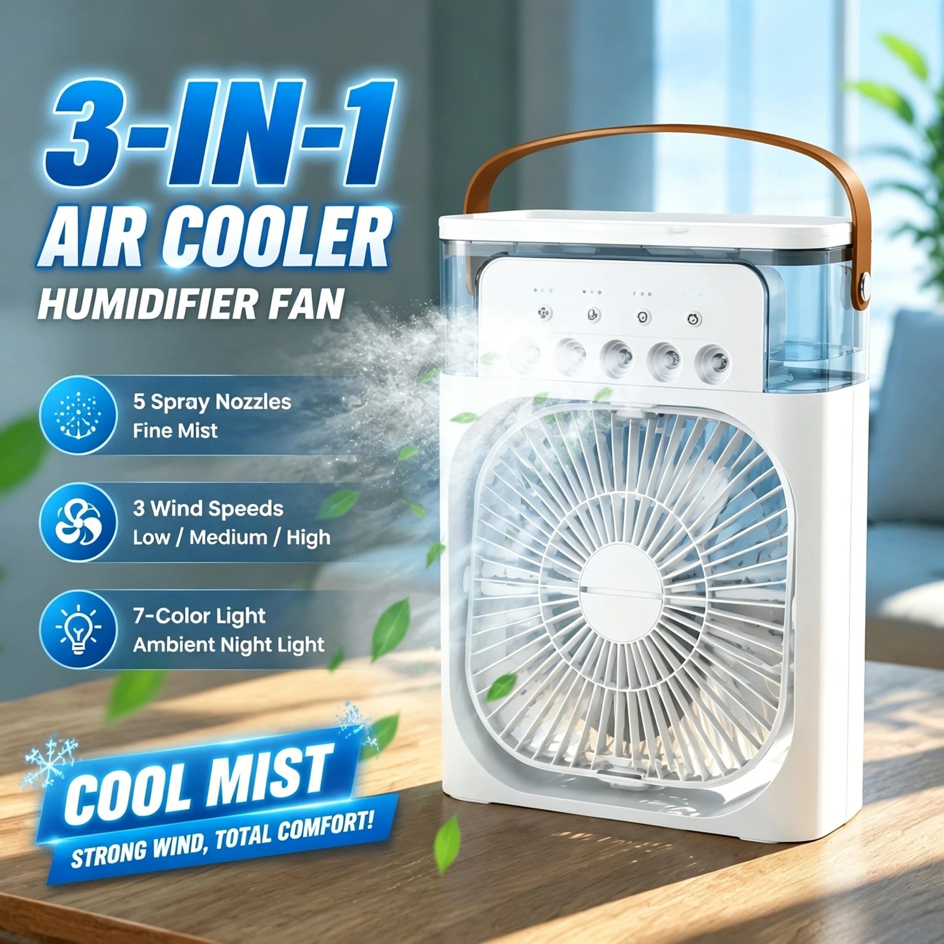 3-in-1 Portable Air Cooler Fan – LED Light, Humidifier & Water Spray Fan for Travel