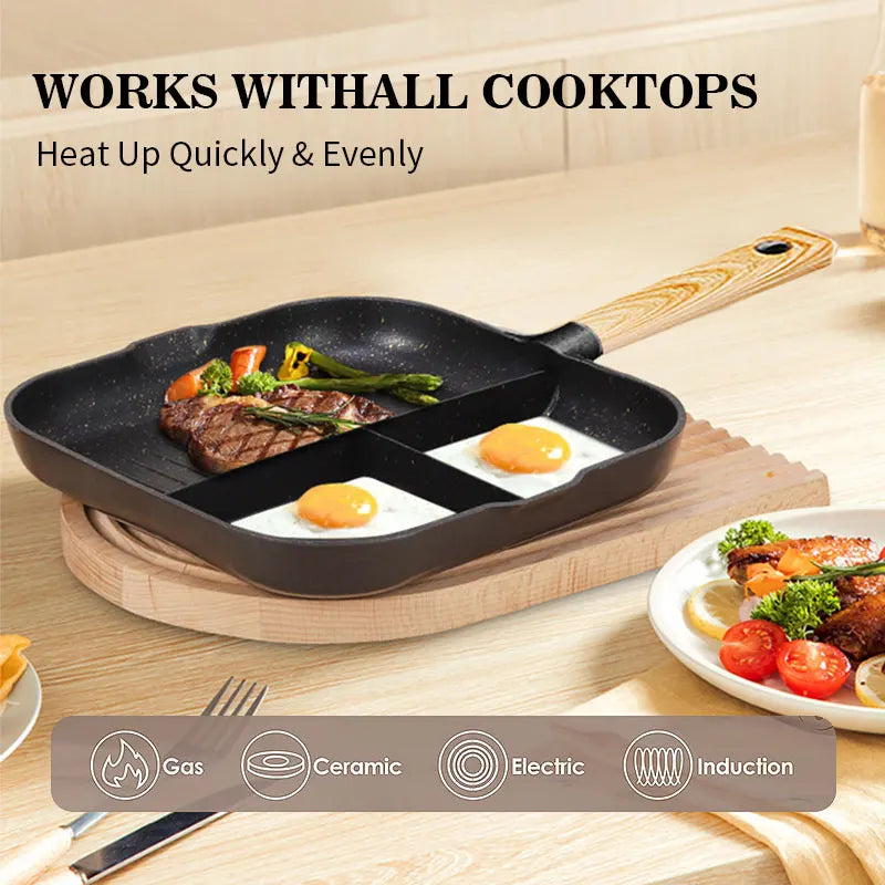 3-in-1 Divided Breakfast Pan – Aluminum Nonstick Frying Pan for Eggs, Pancakes & More