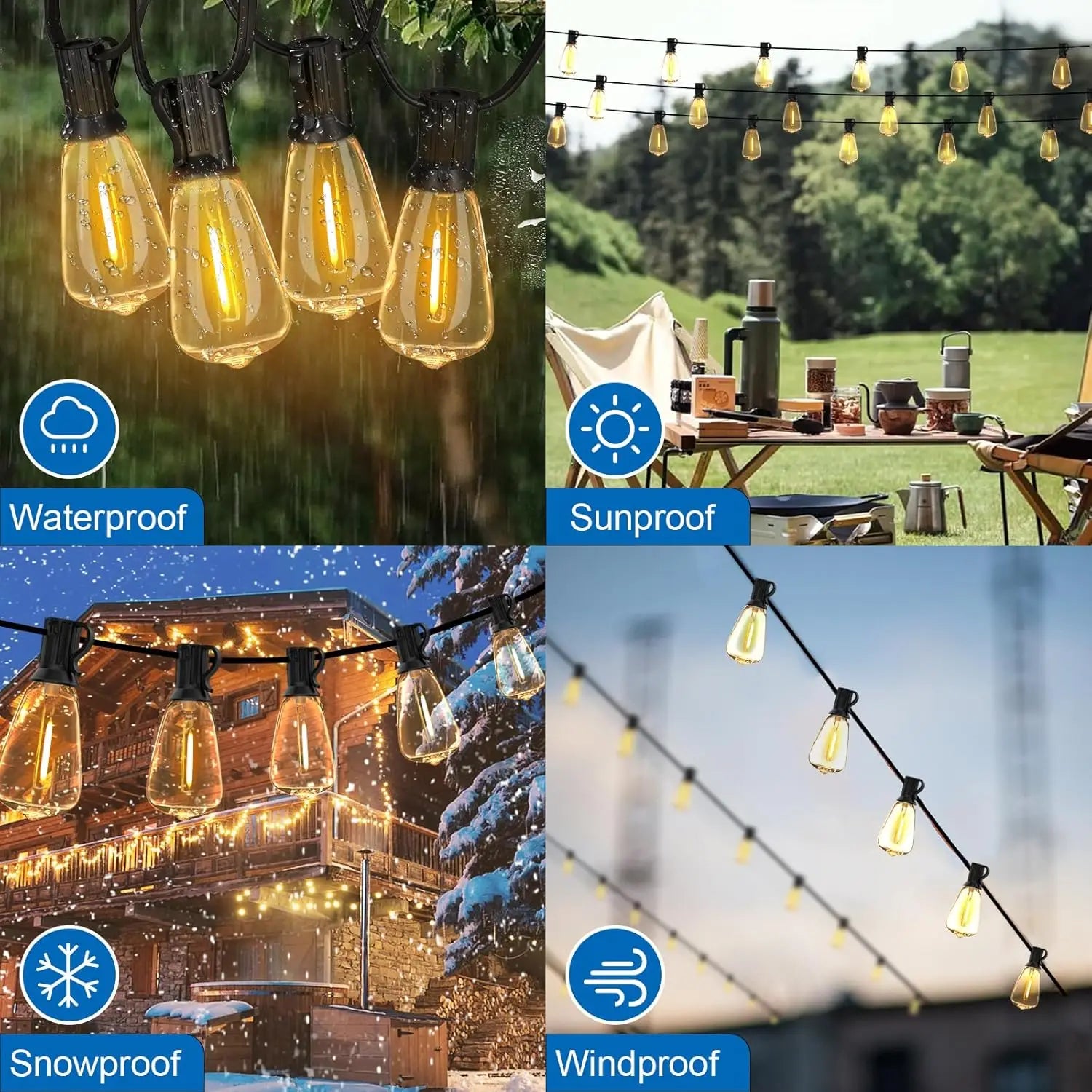 Up To 100FT ST38 LED Outdoor String Lights, Waterproof Shatterproof Connectable US Plug Patio Lamps for Garden, Balcony, Porch