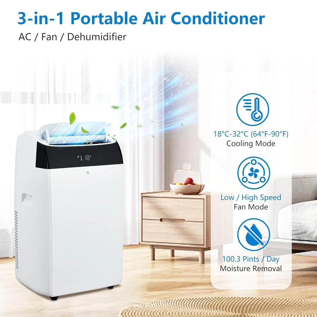 14,000 BTU Portable Air Conditioner – 3-in-1 Cooling AC with Fan, Dehumidifier & Remote
