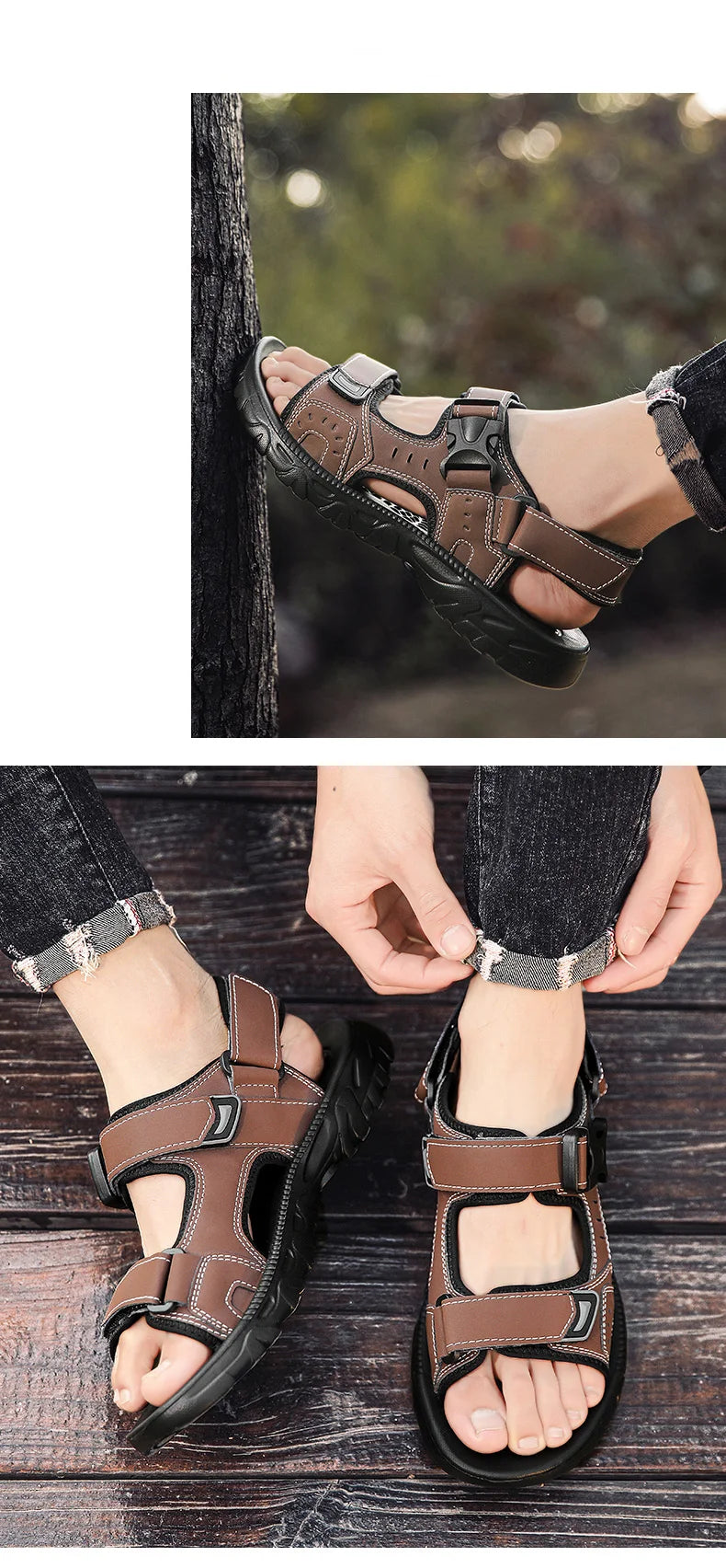 Men's Leather Hiking Sandals Lightweight Beach Walking Shoes