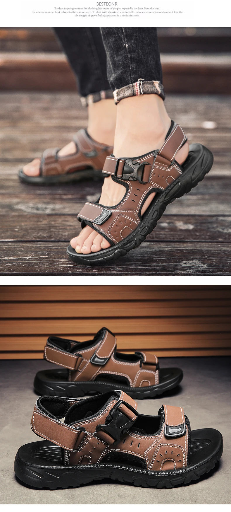 Men's Leather Hiking Sandals Lightweight Beach Walking Shoes