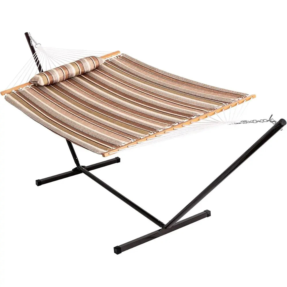 Heavy Duty Quilted Double Hammock with Stand (450lb Capacity) – Indoor & Outdoor Camping Hammock (Olive Green Stripes)