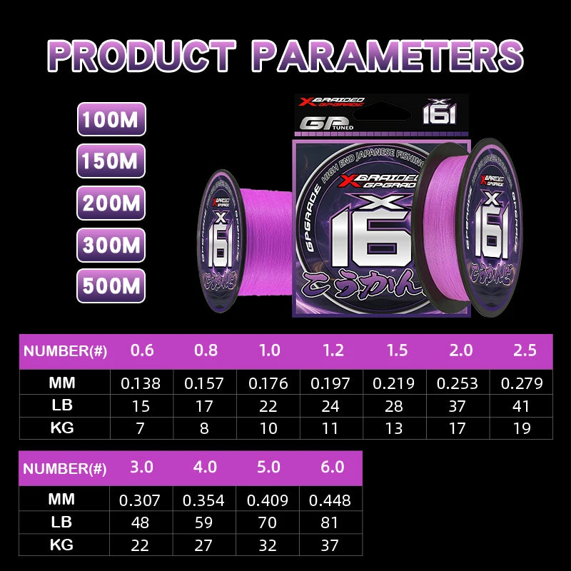 YGKPE X16 16-Strand Braided Fishing Line - Purple 100-500M