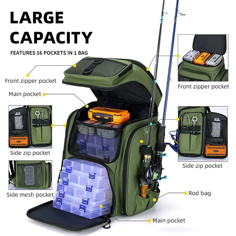 Heavy Duty Fishing Backpack with Rod Holders – Waterproof Multifunctional Tackle Storage Bag for Fishing & Hiking