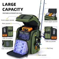 Heavy Duty Fishing Backpack with Rod Holders – Waterproof Multifunctional Tackle Storage Bag for Fishing & Hiking