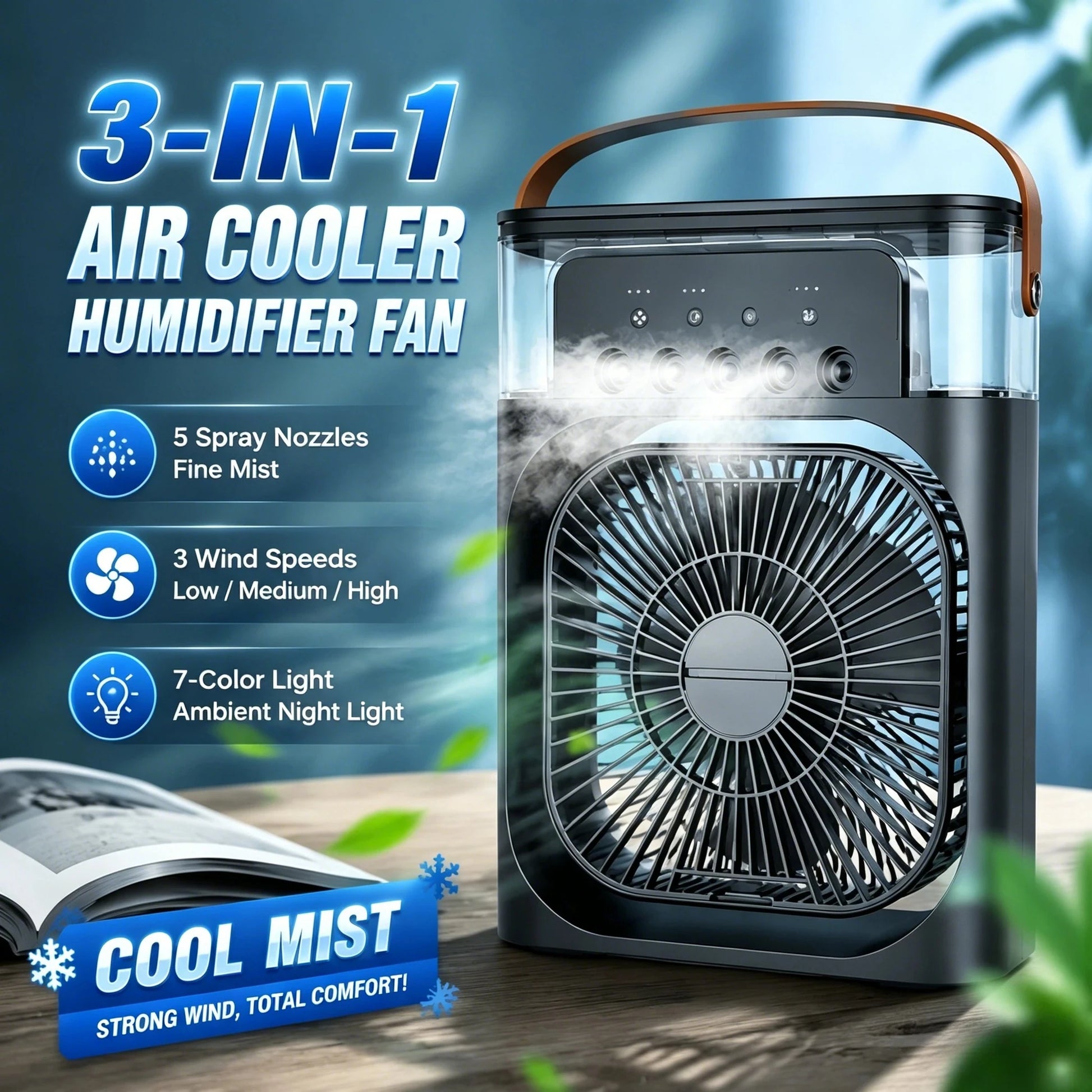 3-in-1 Portable Air Cooler Fan – LED Light, Humidifier & Water Spray Fan for Travel