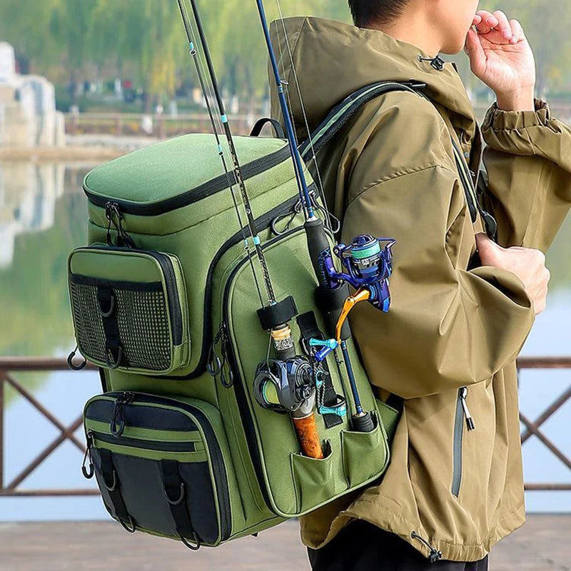 Heavy Duty Fishing Backpack with Rod Holders – Waterproof Multifunctional Tackle Storage Bag for Fishing & Hiking