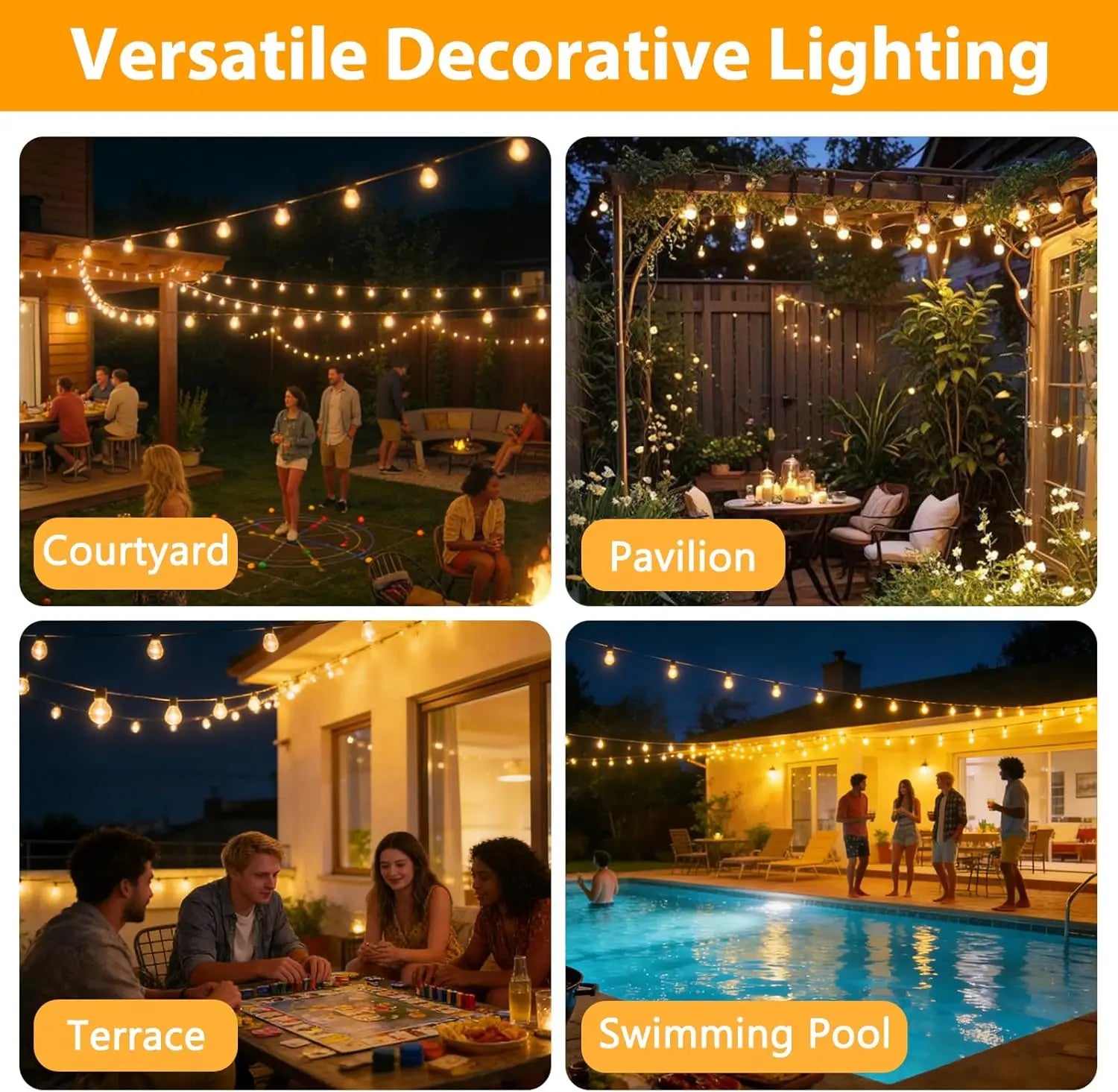 Up To 100FT ST38 LED Outdoor String Lights, Waterproof Shatterproof Connectable US Plug Patio Lamps for Garden, Balcony, Porch