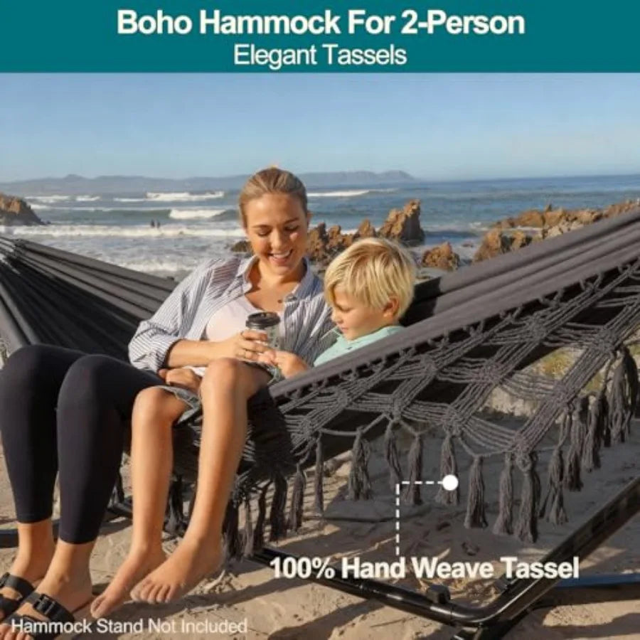 Boho Macrame Double Hammock (450lb Capacity) – Heavy Duty Cotton Rope Outdoor Hammock for Patio & Backyard