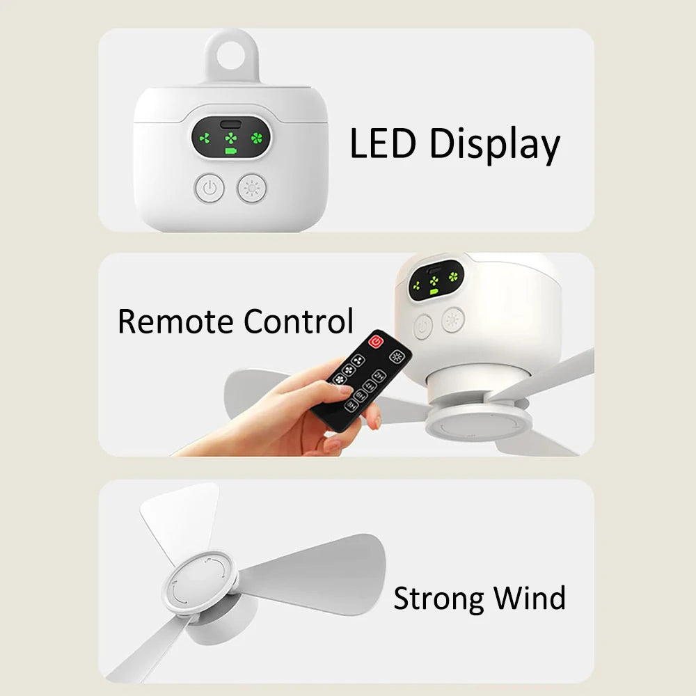 Portable Camping Tent Fan with LED Light – 8000mAh Rechargeable Ceiling Fan with Remote Control