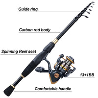 Sougayilang Telescopic Fishing Combo 1.8m 2.1m 2.4m Carbon Fiber Rod and 5.5:1 13+1BB Spinning Fishing Reel Fishing Kit Pesca