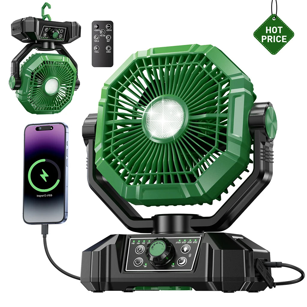 20000mAh Rechargeable Camping Fan – 8-Speed Portable Tent Fan with LED Lantern, Remote & Hook