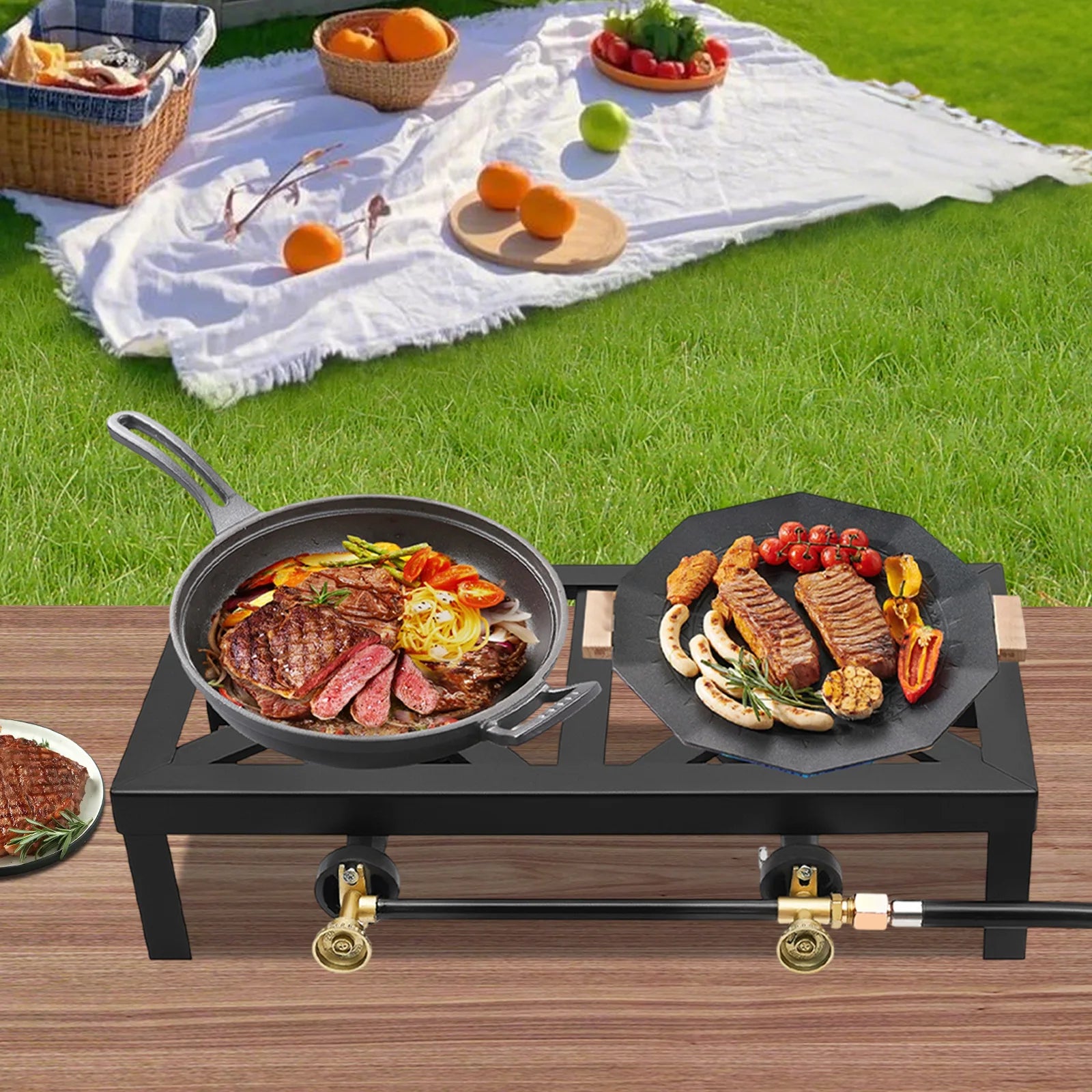 Portable Double Burner Gas Stove – Adjustable Regulator for Camping & BBQ | Field to Peak.
