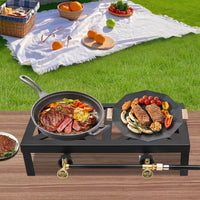 Portable Double Burner Gas Stove – Adjustable Regulator for Camping & BBQ | Field to Peak.