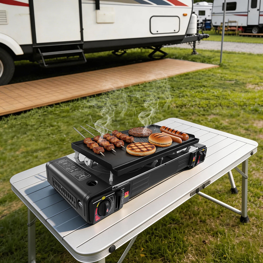Portable Dual Burner Propane Camping Stove with Griddle