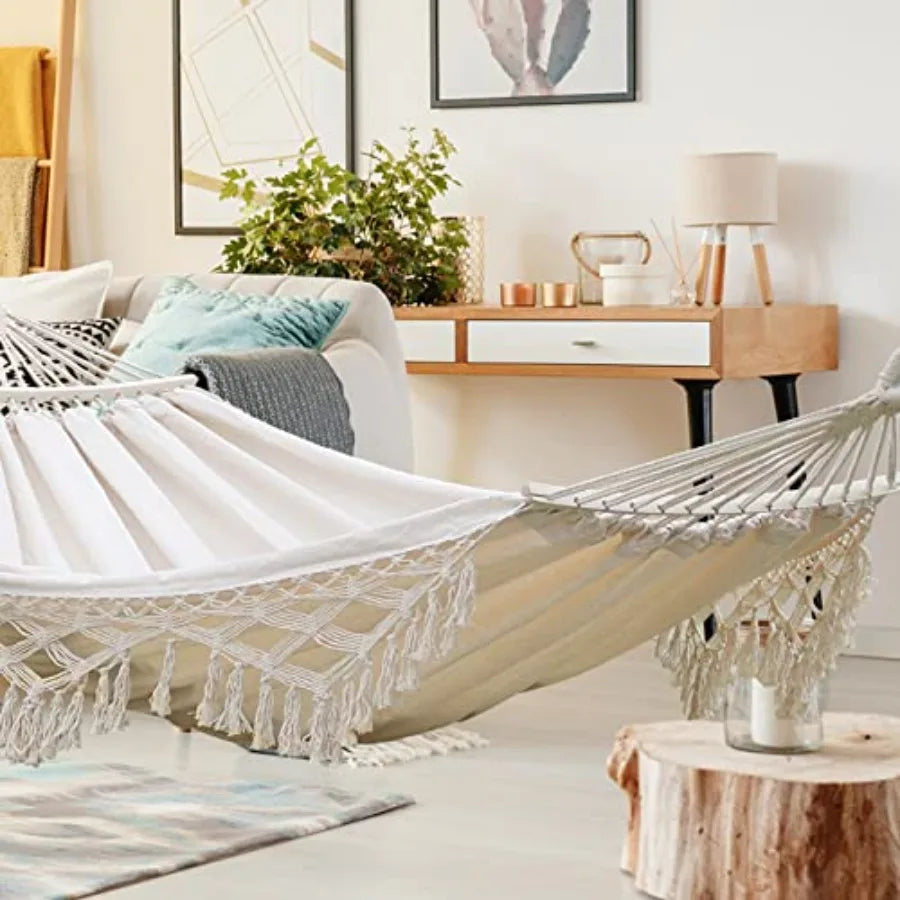 Boho Canvas Hammock with Tassels for Patio & Garden