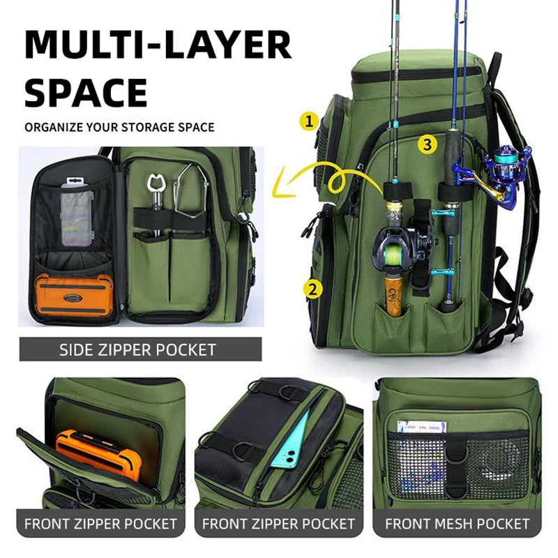 Heavy Duty Fishing Backpack with Rod Holders – Waterproof Multifunctional Tackle Storage Bag for Fishing & Hiking
