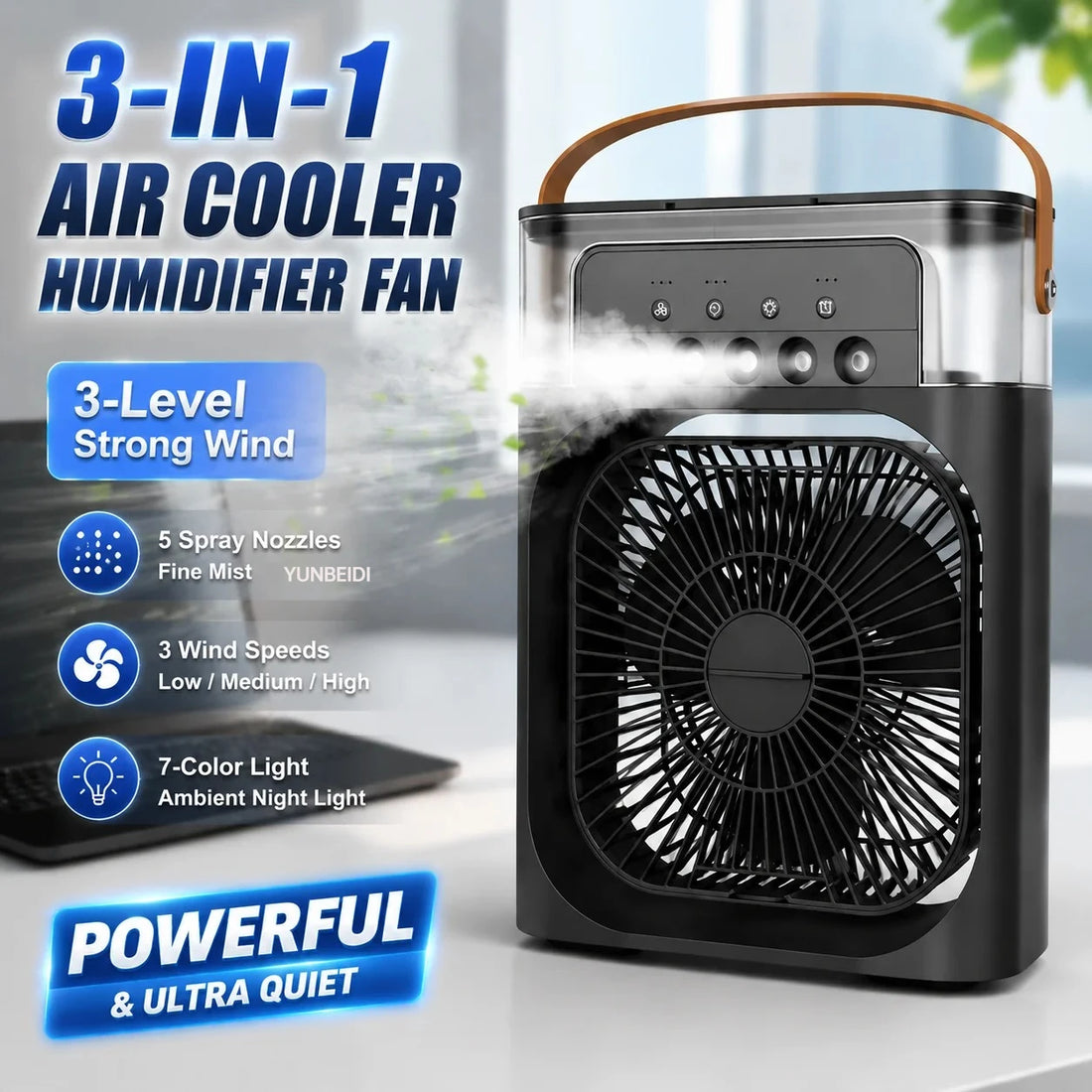 3-in-1 Portable Air Cooler Fan – LED Light, Humidifier & Water Spray Fan for Travel