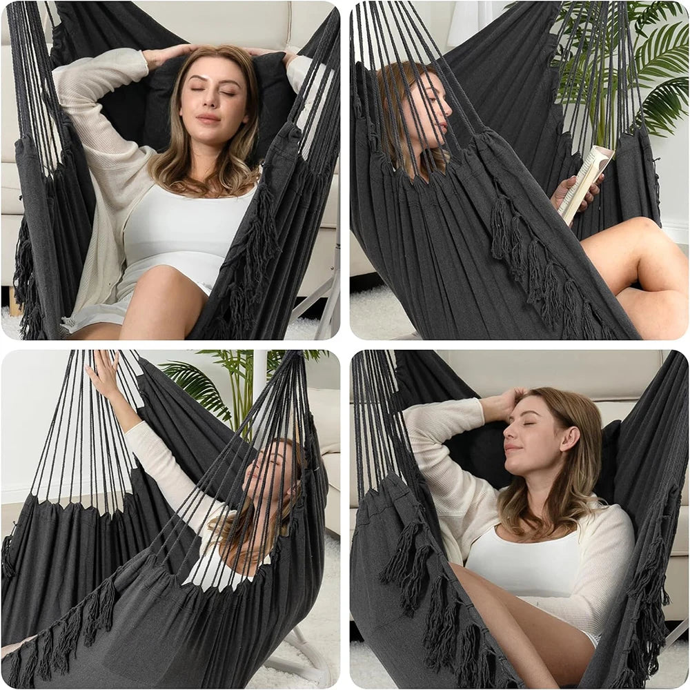 Heavy Duty Macrame Hanging Chair with Cushions (500lb Capacity) – Indoor/Outdoor Cotton Rope Swing Chair with Pocket