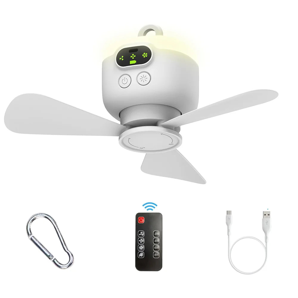 Portable Camping Tent Fan with LED Light – 8000mAh Rechargeable Ceiling Fan with Remote Control