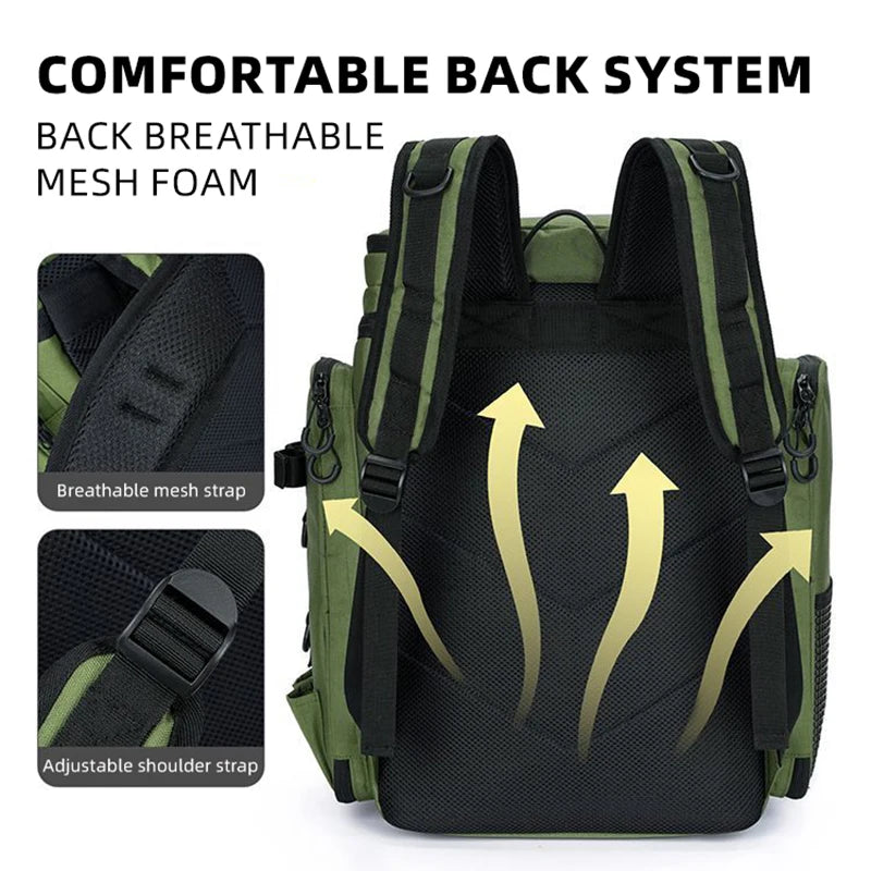 Heavy Duty Fishing Backpack with Rod Holders – Waterproof Multifunctional Tackle Storage Bag for Fishing & Hiking