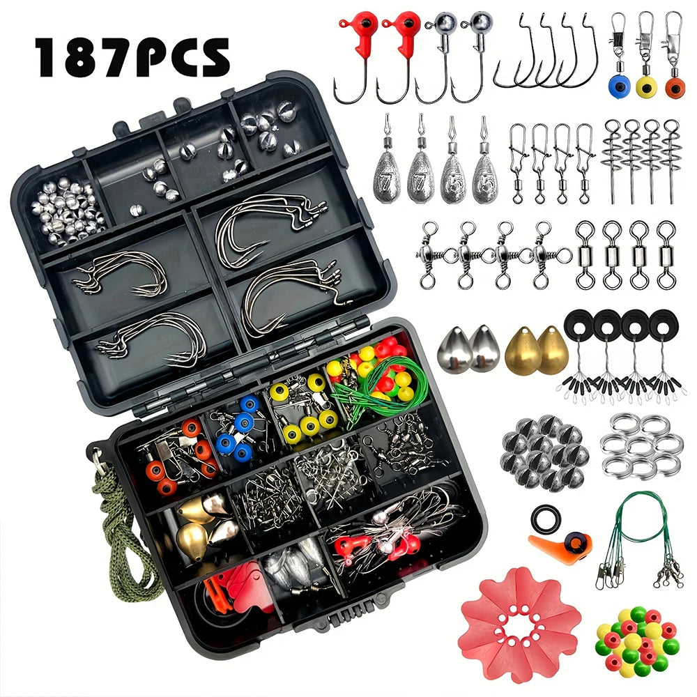 187pcs Fishing Kit – Premium Tackle Box Hooks & More