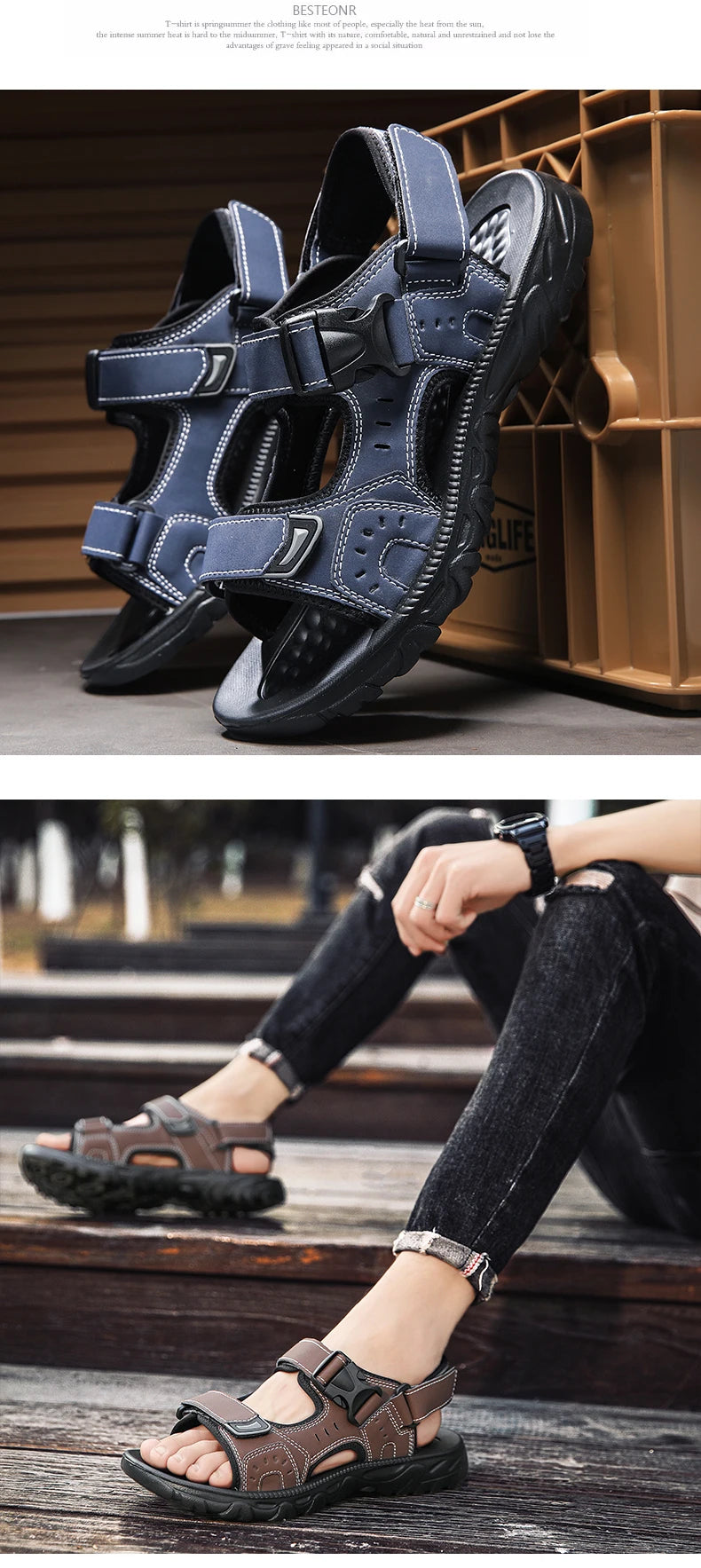 Men's Leather Hiking Sandals Lightweight Beach Walking Shoes