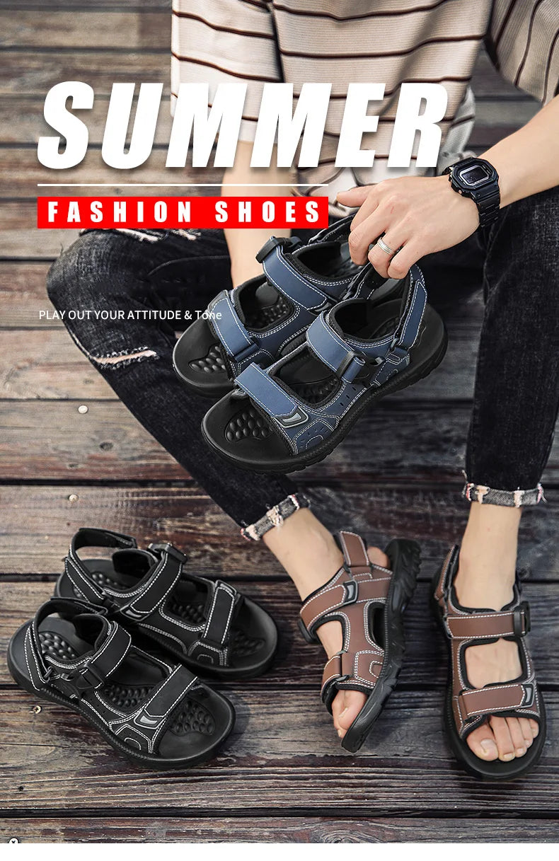 Men's Leather Hiking Sandals Lightweight Beach Walking Shoes