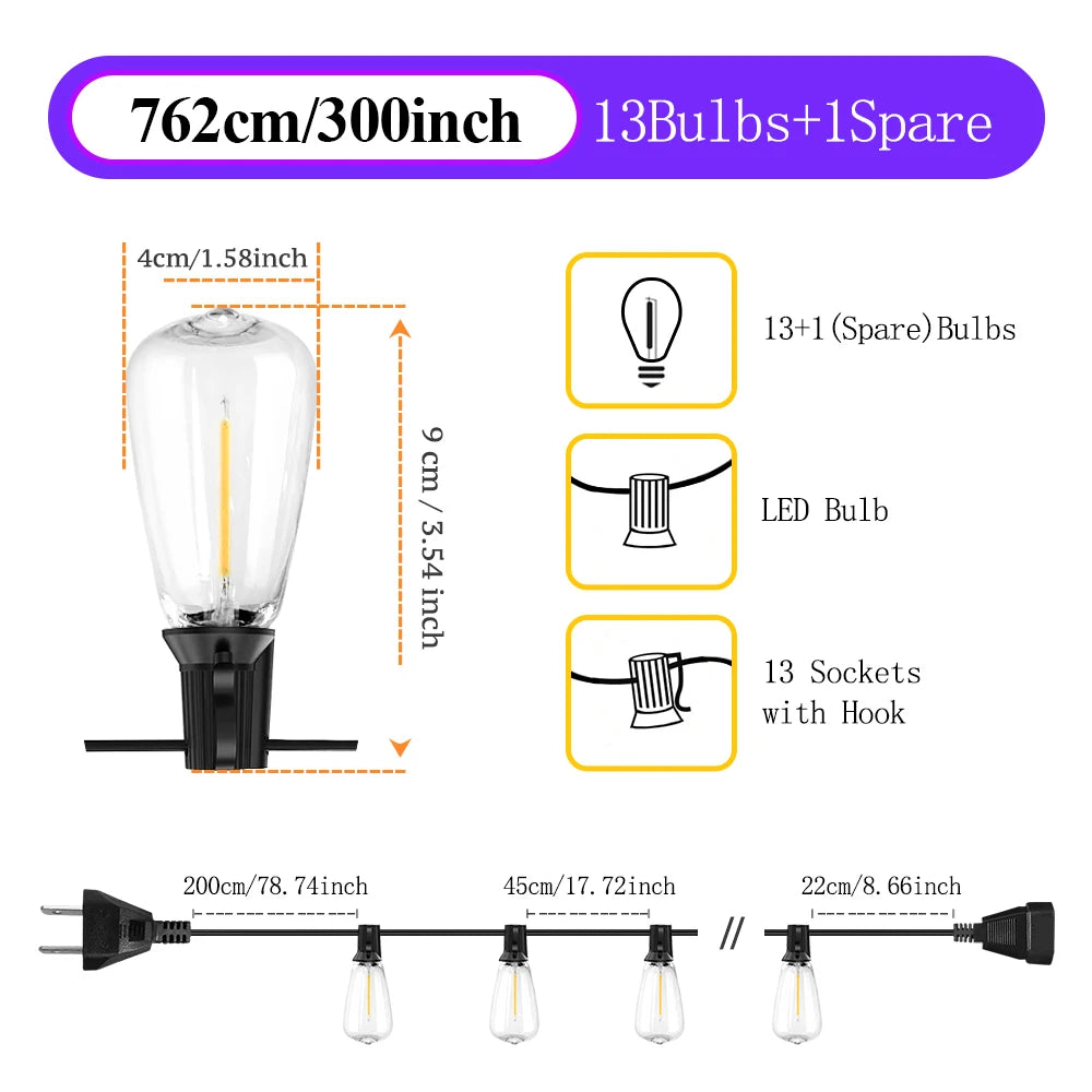 Up To 100FT ST38 LED Outdoor String Lights, Waterproof Shatterproof Connectable US Plug Patio Lamps for Garden, Balcony, Porch
