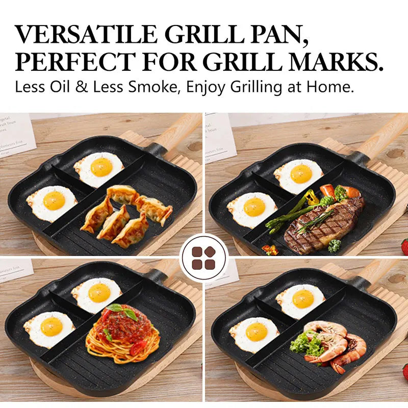 3 in 1 Frying Pan Aluminum Alloy Partitioned Non Stick 3 Section Divided Breakfast Pan Grill Pan Multifunction Kitchen Egg Pan