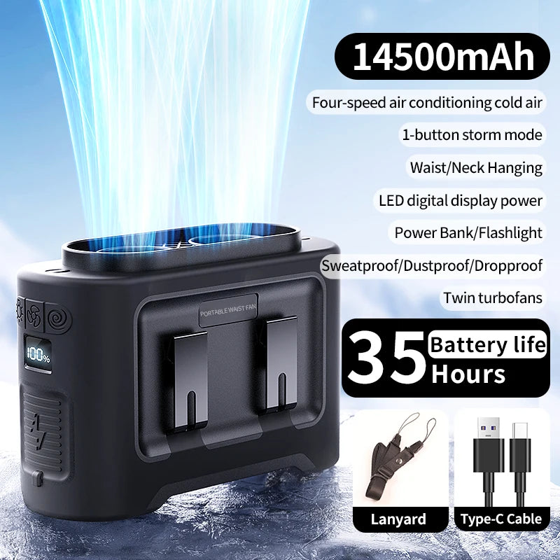 Socoolfan 14500mAh Wearable Waist Fan – Portable Dual Air Vent Fan for Travel, Sports & Outdoor Work