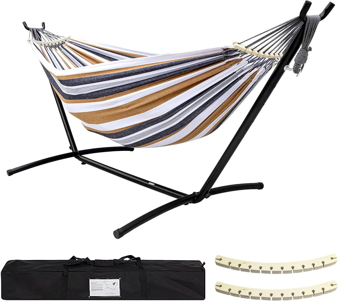 Heavy Duty Double Camping Hammock with Steel Stand (450lb Capacity) – Portable Outdoor Hammock with Carry Bag & Anti-Roll Design
