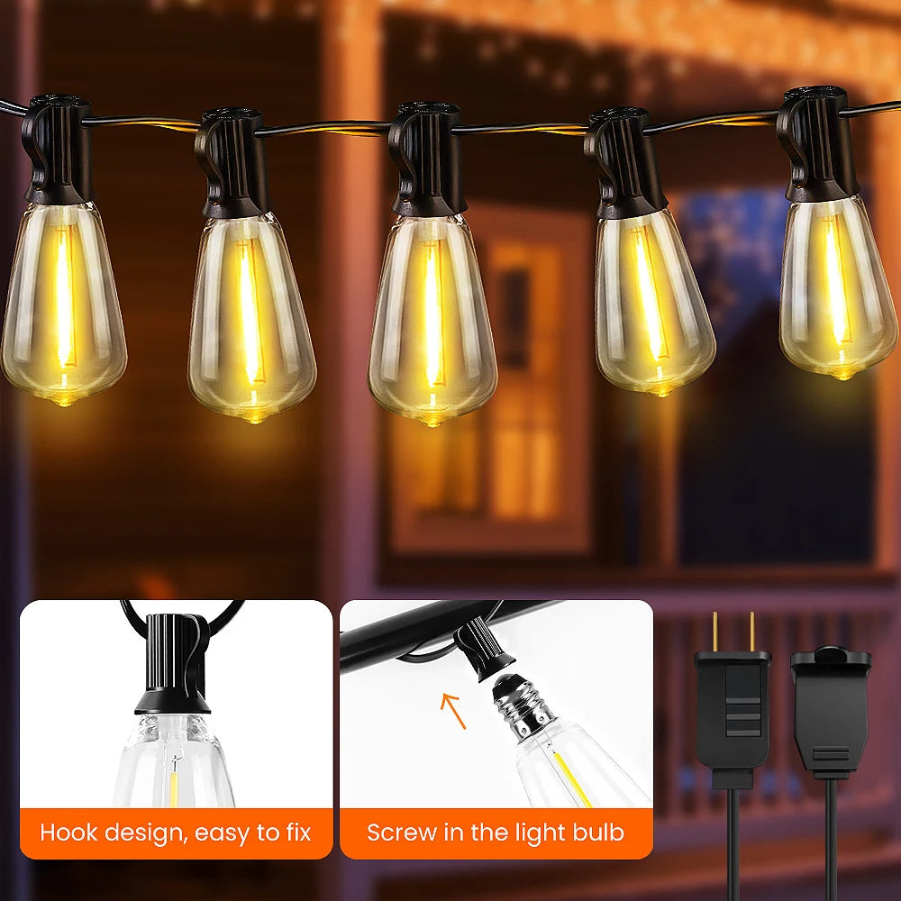 Up To 100FT ST38 LED Outdoor String Lights, Waterproof Shatterproof Connectable US Plug Patio Lamps for Garden, Balcony, Porch
