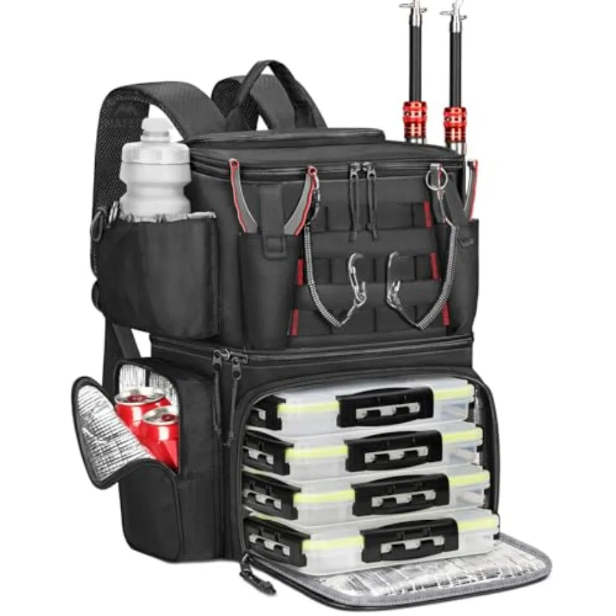 Fishing Backpack with 4 Tackle Boxes Fishing Bag with Rod Holder and Safety Compass and Cooler Gifts for Fishermen