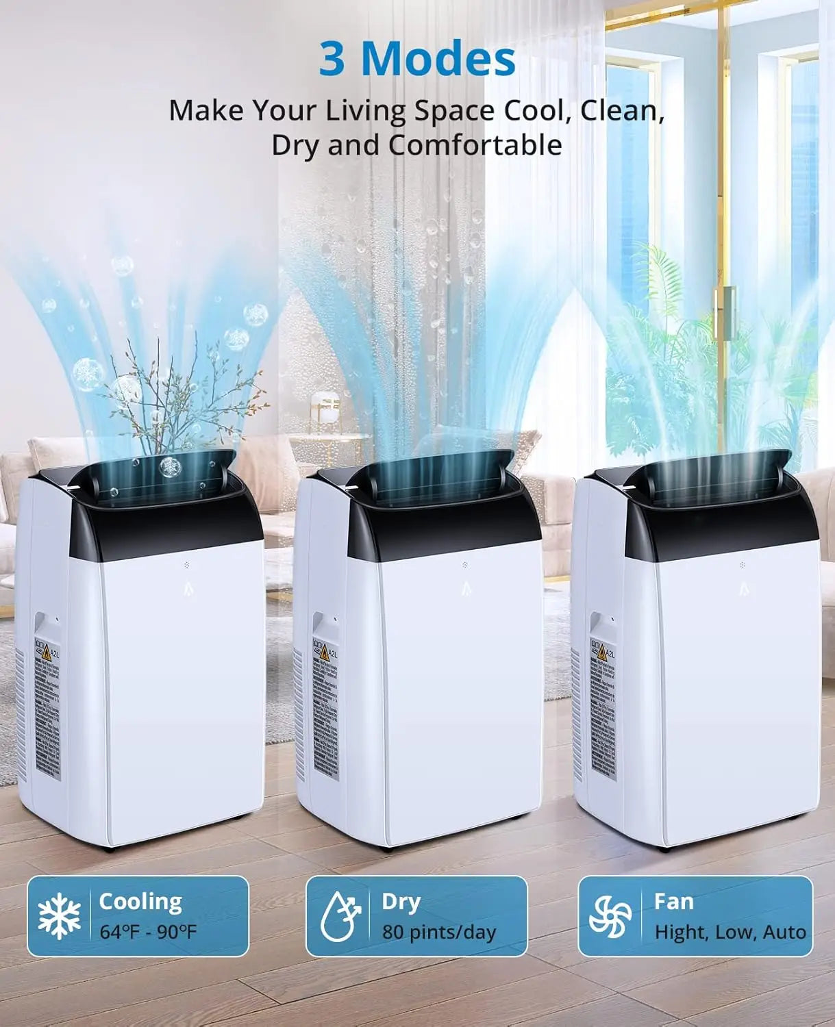 14,000 BTU Portable Air Conditioner – 3-in-1 Cooling AC with Fan, Dehumidifier & Remote