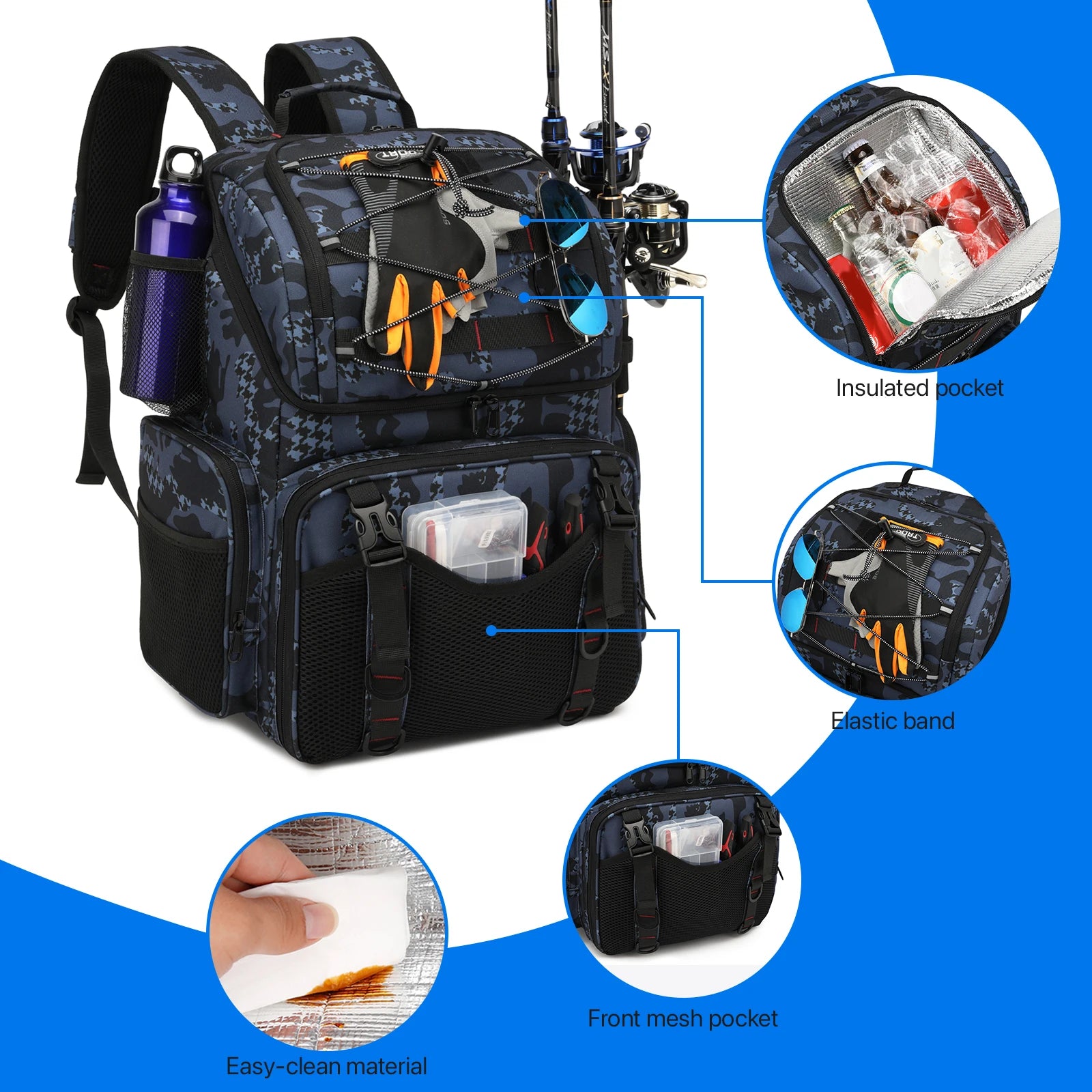 45L Heavy Duty Fishing Backpack Cooler – Waterproof Tackle Storage Bag with Rod Holders & Rain Cover