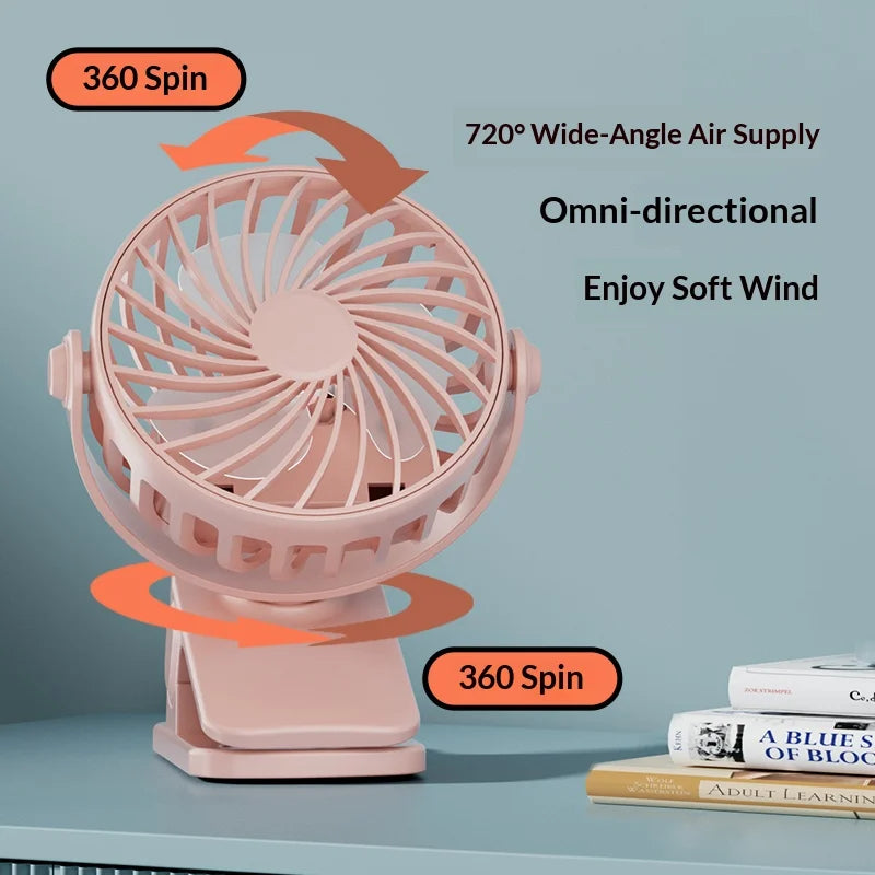 Portable Rechargeable Clip Fan – 720° Rotating Hanging Fan with Night Light for Camping & Outdoor Use