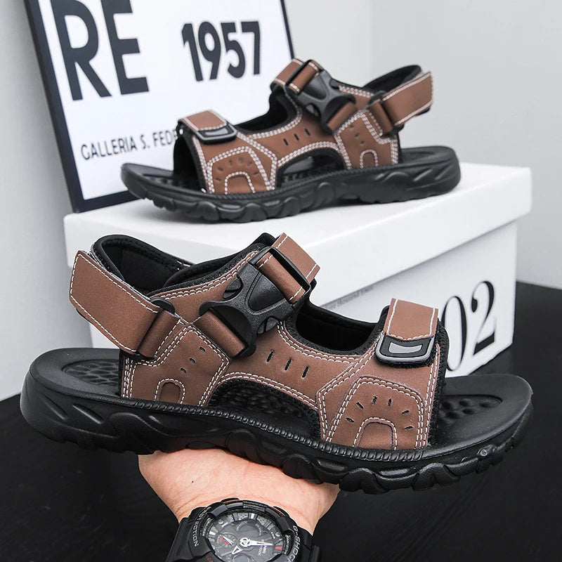 Men's Leather Hiking Sandals Lightweight Beach Walking Shoes