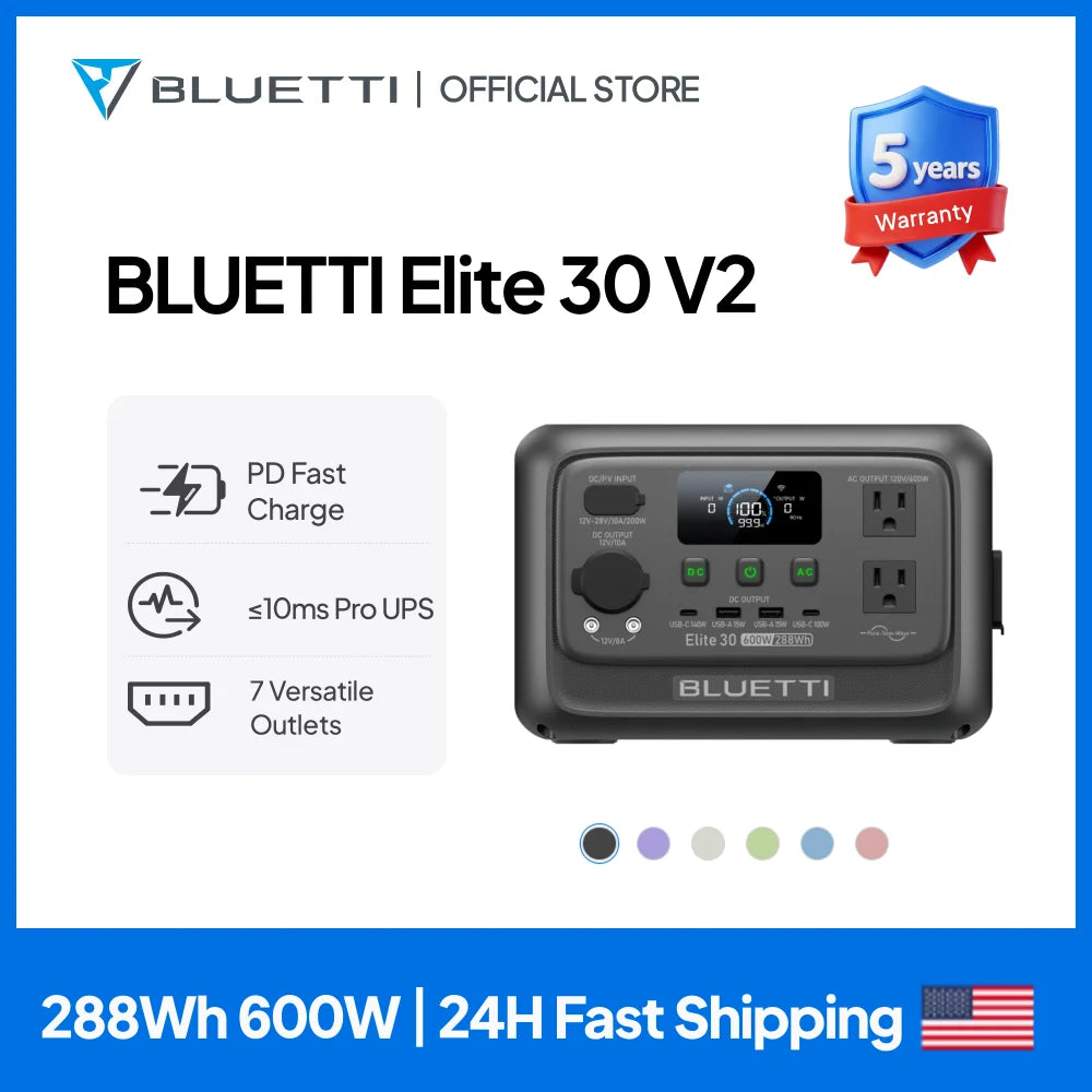 BLUETTI Elite 30 V2 Portable Power Station 288Wh 600W Peak Large Capacity Solar Generator For Outdoor Camping Home